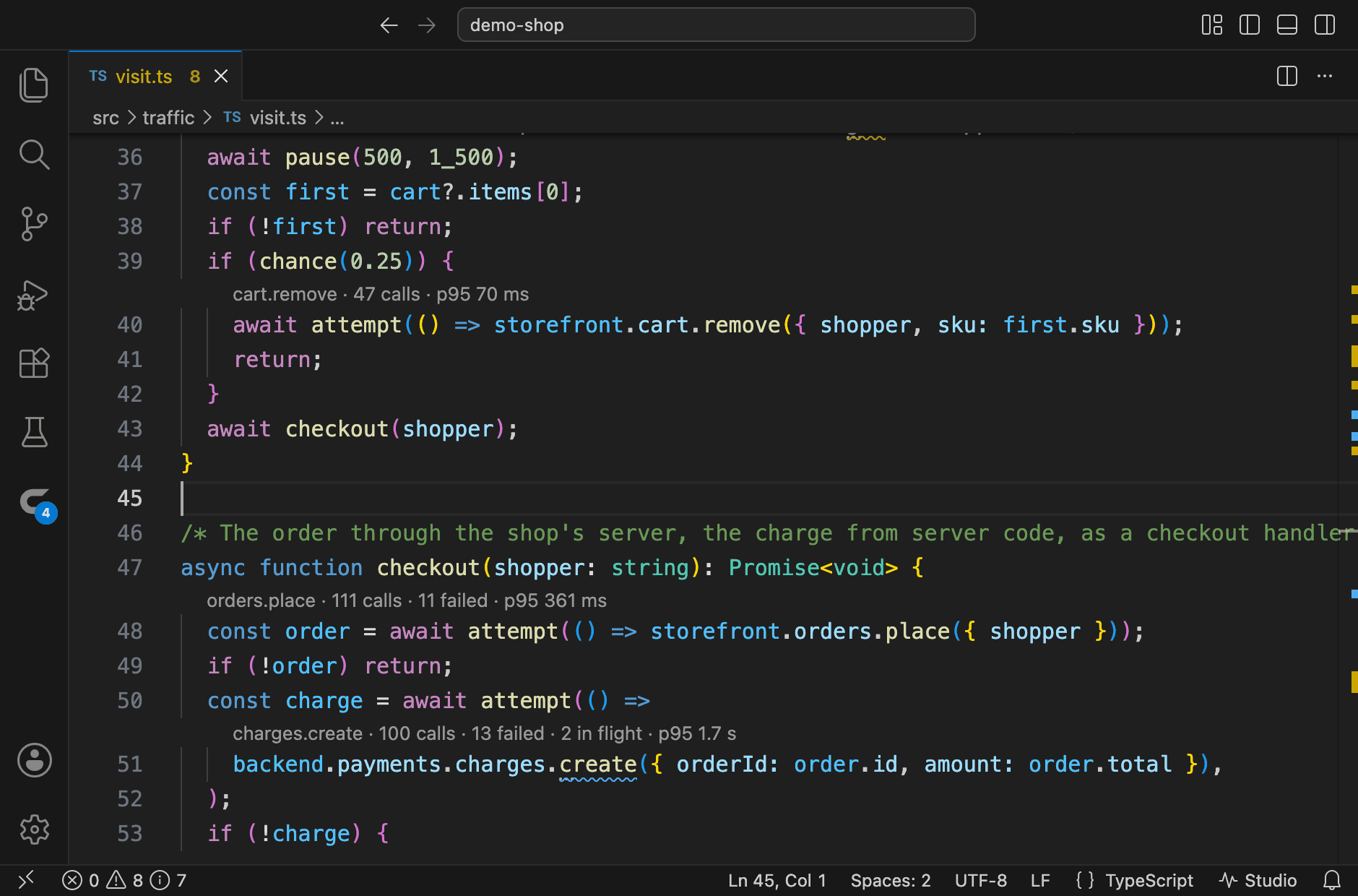 The Courier view beside the shop's checkout code: its sources, the groups of each with how many endpoints are failing, the orders group open — each endpoint with its calls, failures and p95 — and orders.place open at the line of the checkout that calls it